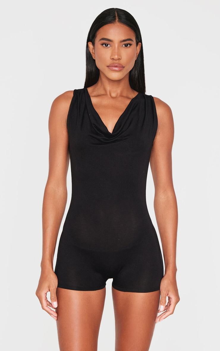 Black Jersey Cowl Neck Unitard Product Image