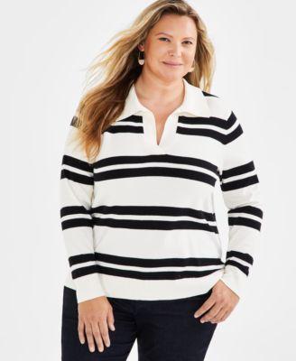 Plus Size Striped Johnny-Collar Pullover Sweater, Created for Macy's Product Image