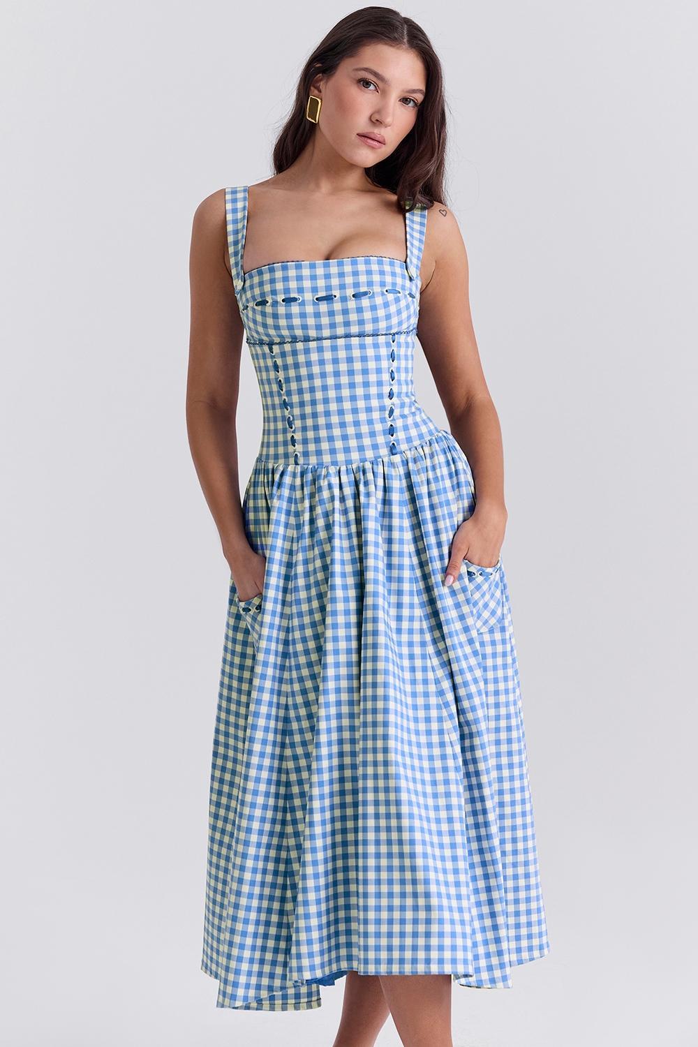 Vivien Regatta Blue Gingham Midi Sundress Product Image