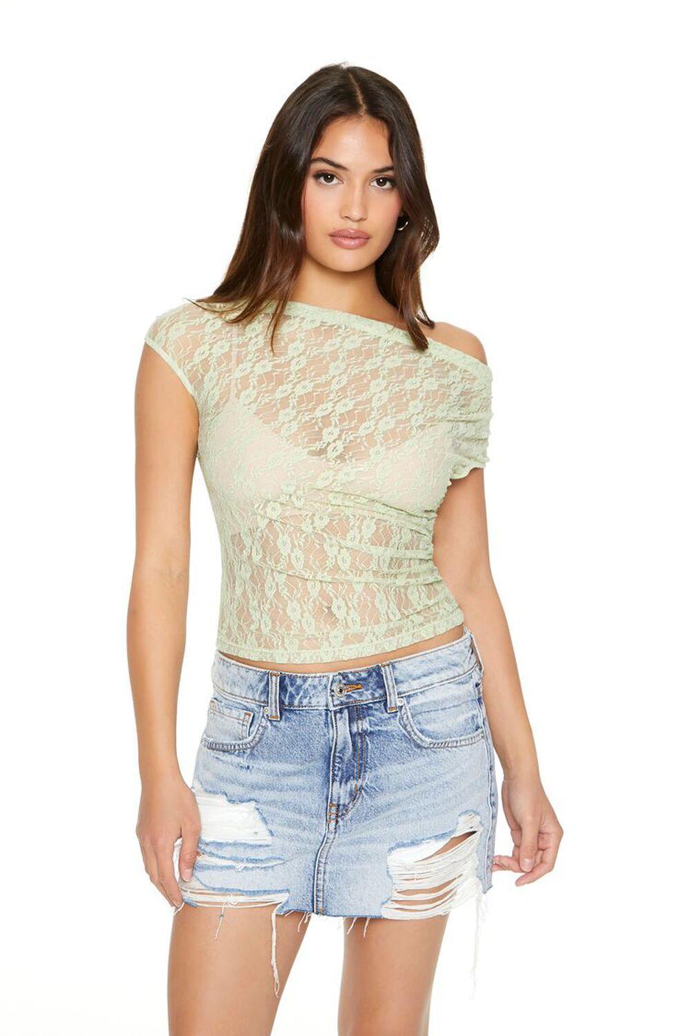 Cropped Sheer Lace Tee | Forever 21 Product Image