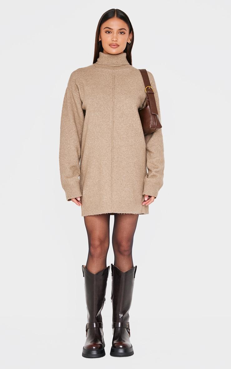 Light Mocha Soft Knit Roll Neck Oversized Seam Detail Sweater Dress Product Image