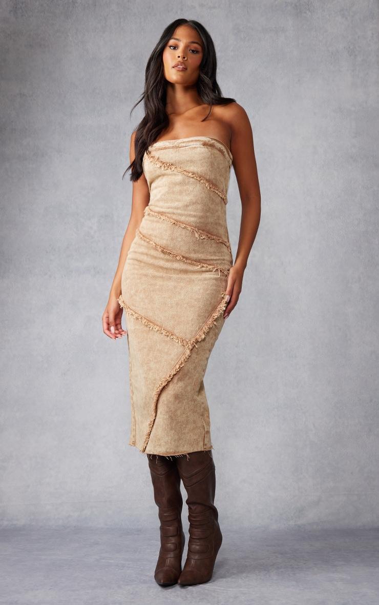 Tall Washed Brown Bandeau Denim Midi Dress Product Image