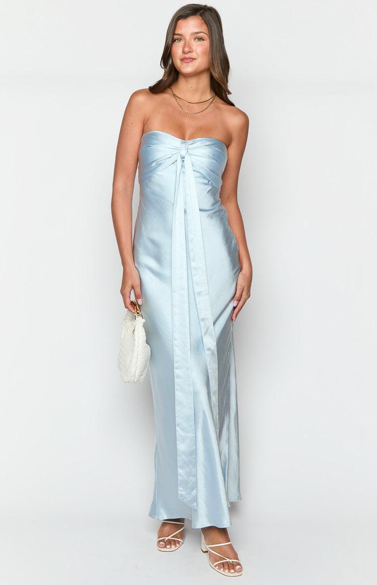 Ariella Blue Satin Strapless Maxi Dress Product Image