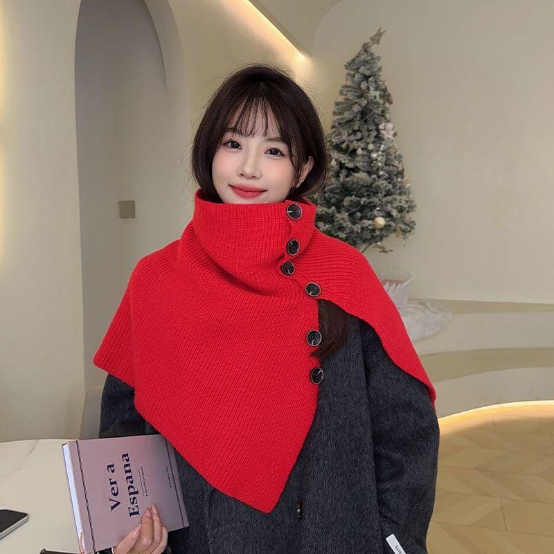 Plain Button-Up Ribbed Knit Scarf product image