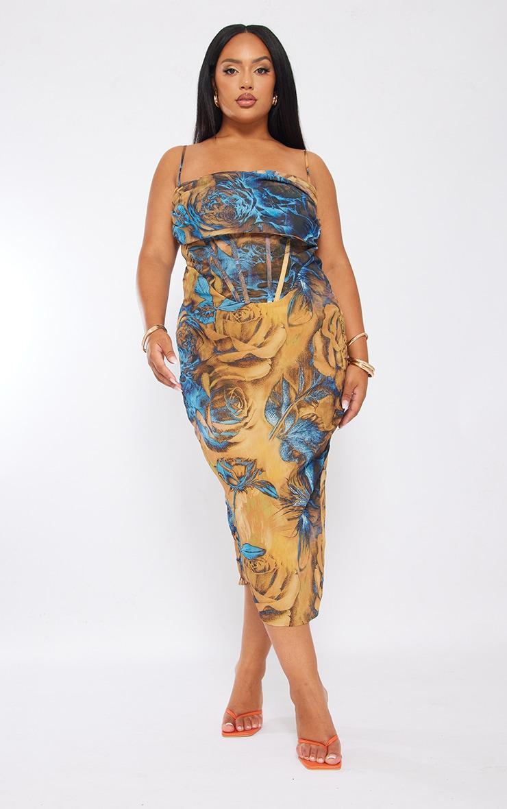 Plus Multi Printed Chiffon Drape Detail Midi Dress Product Image