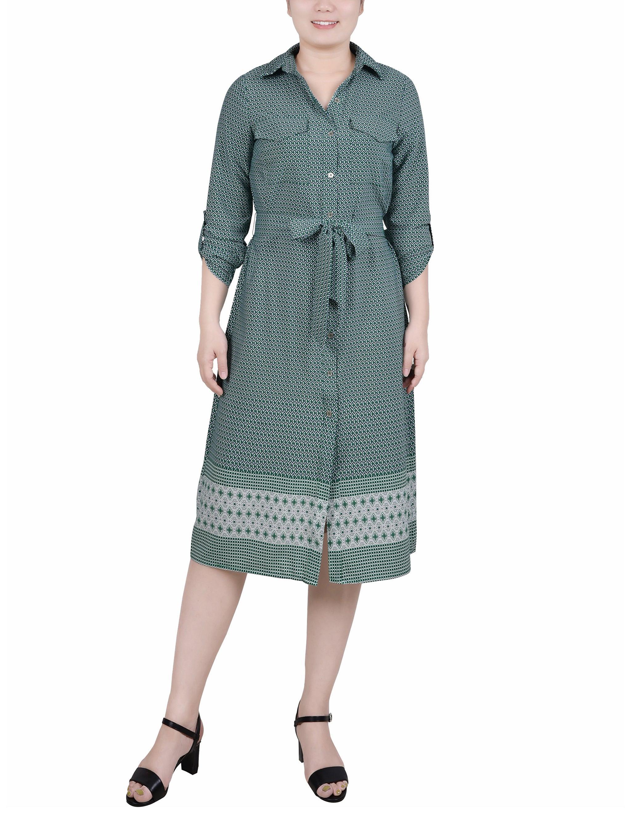 3/4 Length Roll Tab Sleeve Belted Shirtdress - Petite Product Image