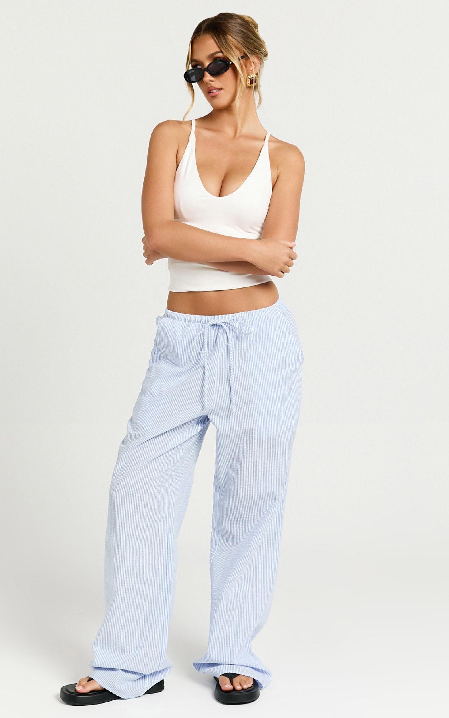 Harlo Pants - Mid Waisted Relaxed Leg Stripe Pants in Blue/ White Product Image