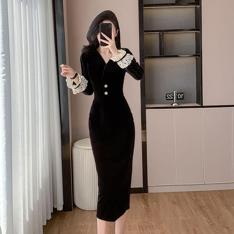 Long-Sleeve V-Neck Lace Trim Midi Sheath Dress Product Image