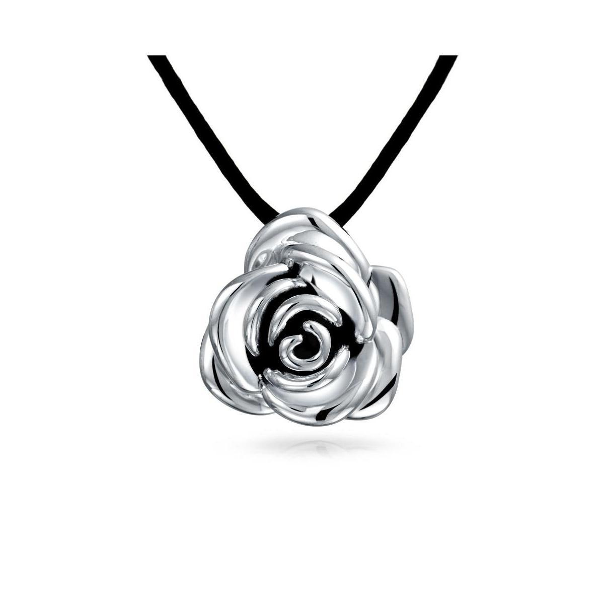 Large Flower Rose Pendant Necklace For Women For Teen Black Silk Cord Hollow Oxidized .925 Sterling Silver16 Inch Product Image