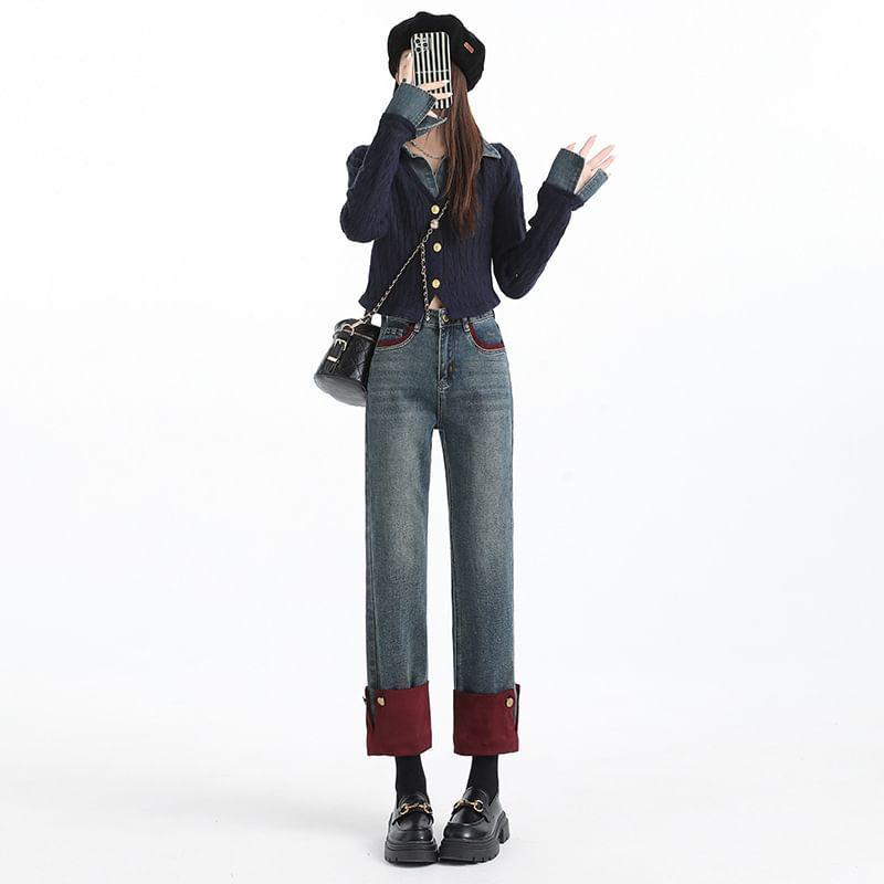 High Rise Washed Fleece-Lined Wide Leg Jeans Product Image