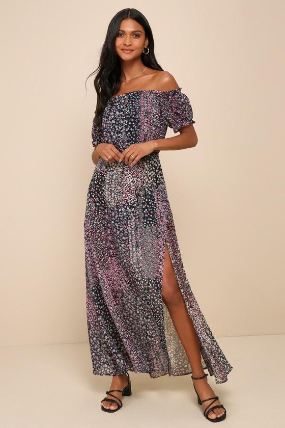 Neva Navy Blue Floral Print Off-the-Shoulder Maxi Dress Product Image