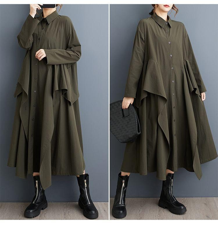 Long-Sleeve Plain Asymmetrical Midi A-Line Shirt Dress Product Image