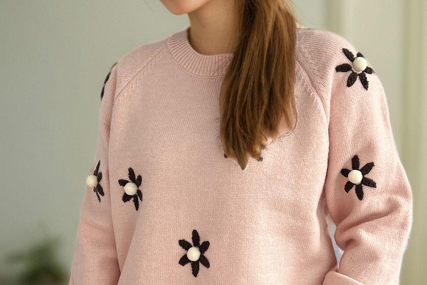 Crew Neck Floral Embroidered Pom Pom Sweater Product Image