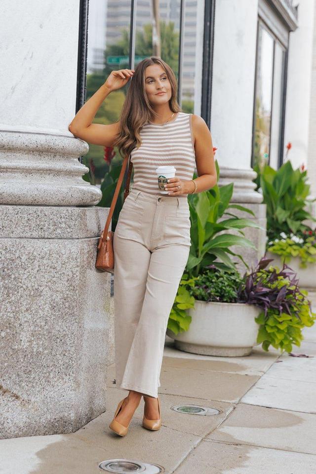 Neutral High Waisted Wide Leg Pants - Stone - FINAL SALE Product Image