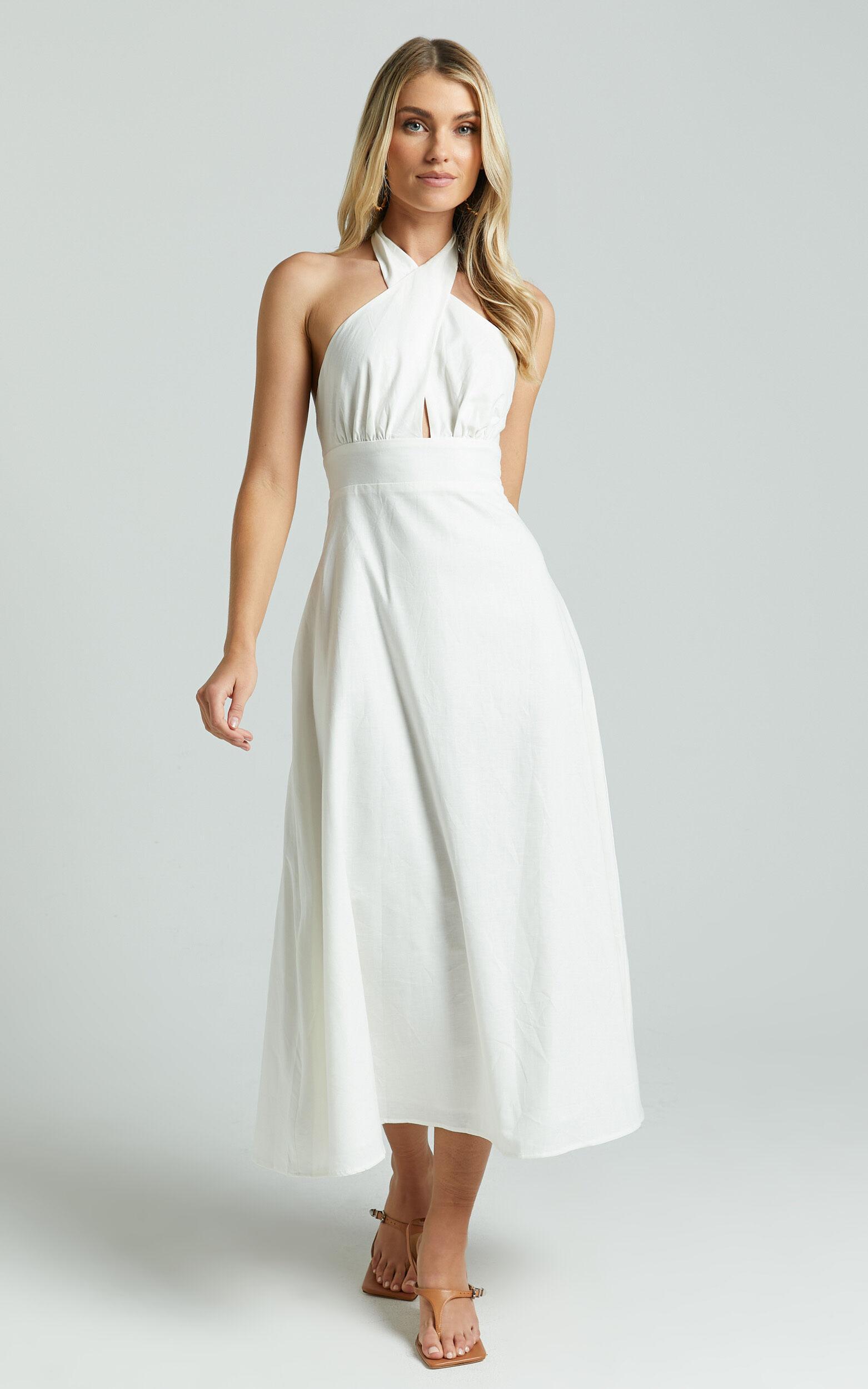 Amalie The Label - Freesia Linen Blend Halter Tie Neck Midi Dress in White Product Image