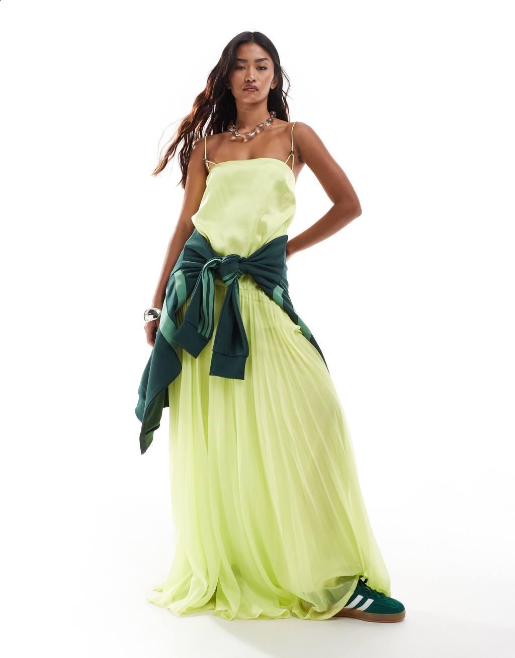 ASOS DESIGN satin cami trapeze dress with pleated skirt in lime Product Image