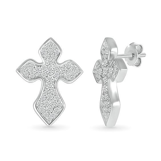 Men's 1/3 CT. T.w. Diamond Gothic-Style Cross Stud Earrings in 10K White Gold Product Image