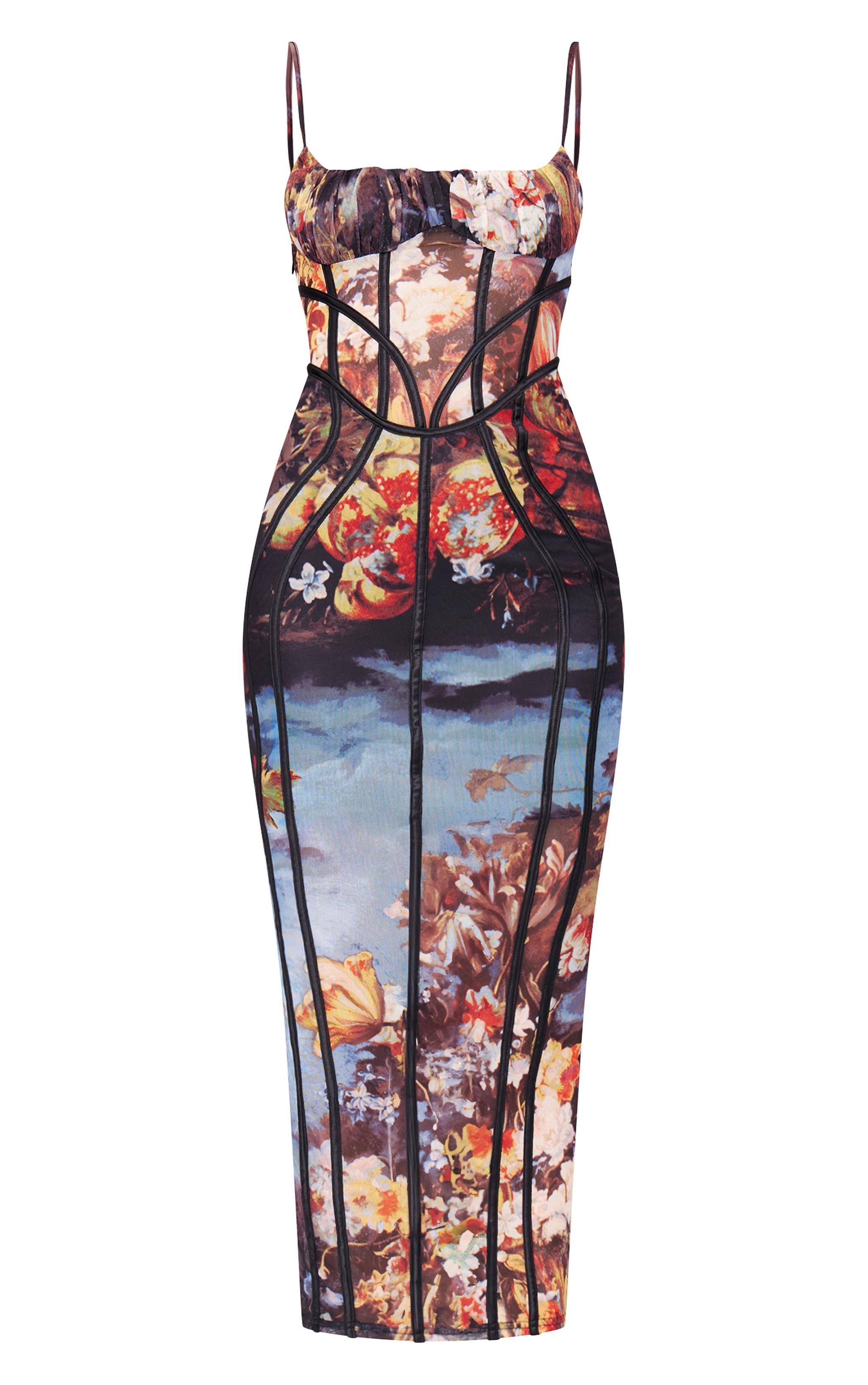 Multi Floral Print Mesh Binding Detail Midaxi Dress Product Image