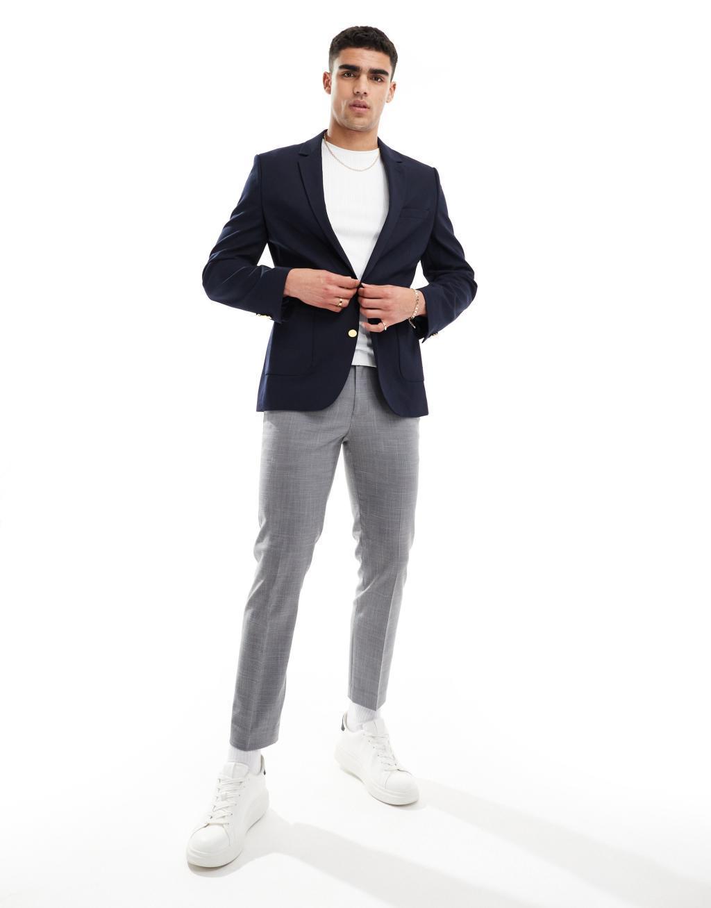 ASOS DESIGN skinny gold button blazer in navy Product Image