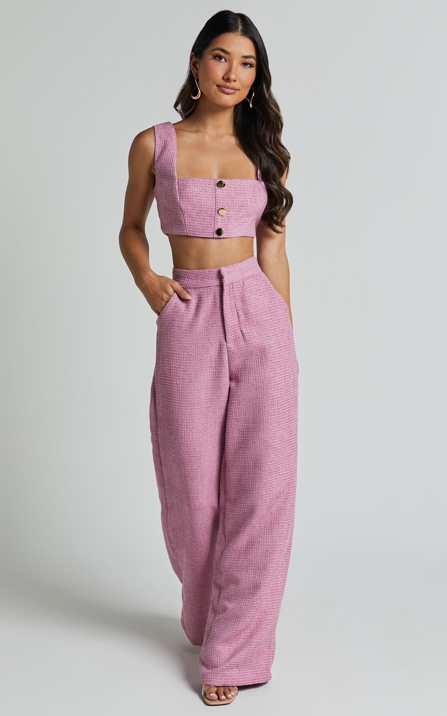 Amaris Two Piece Set - Button Detail Crop Top and Wide Leg Pants Set in Pink Product Image