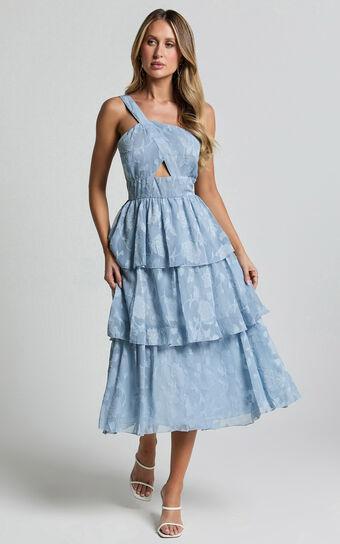 Alvinia Midi Dress - One Shoulder Cut Out Tiered Dress in Light Blue Product Image