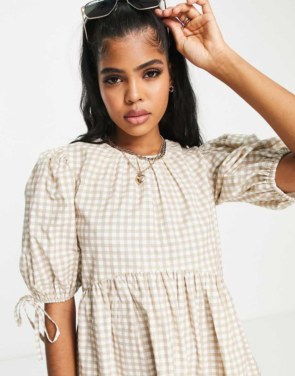 Influence puff sleeve mini dress in beige gingham Product Image