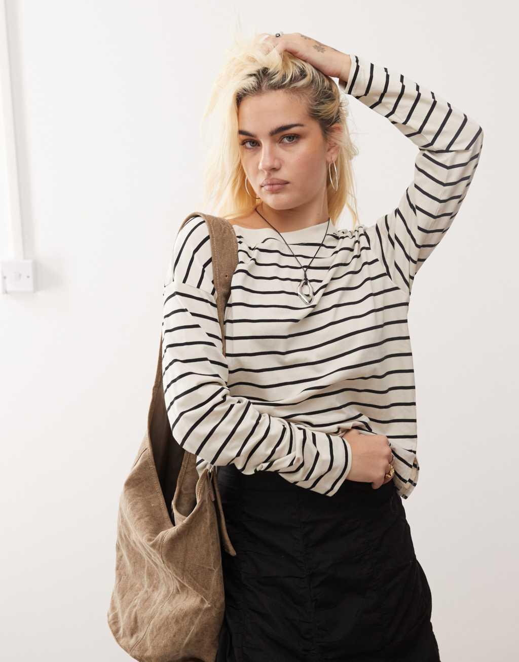 Monki oversize long sleeve top in mono stripe product image