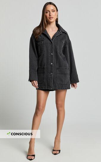 Harlow Jacket - Oversized Long Sleeve Denim Jacket in Black Wash Product Image