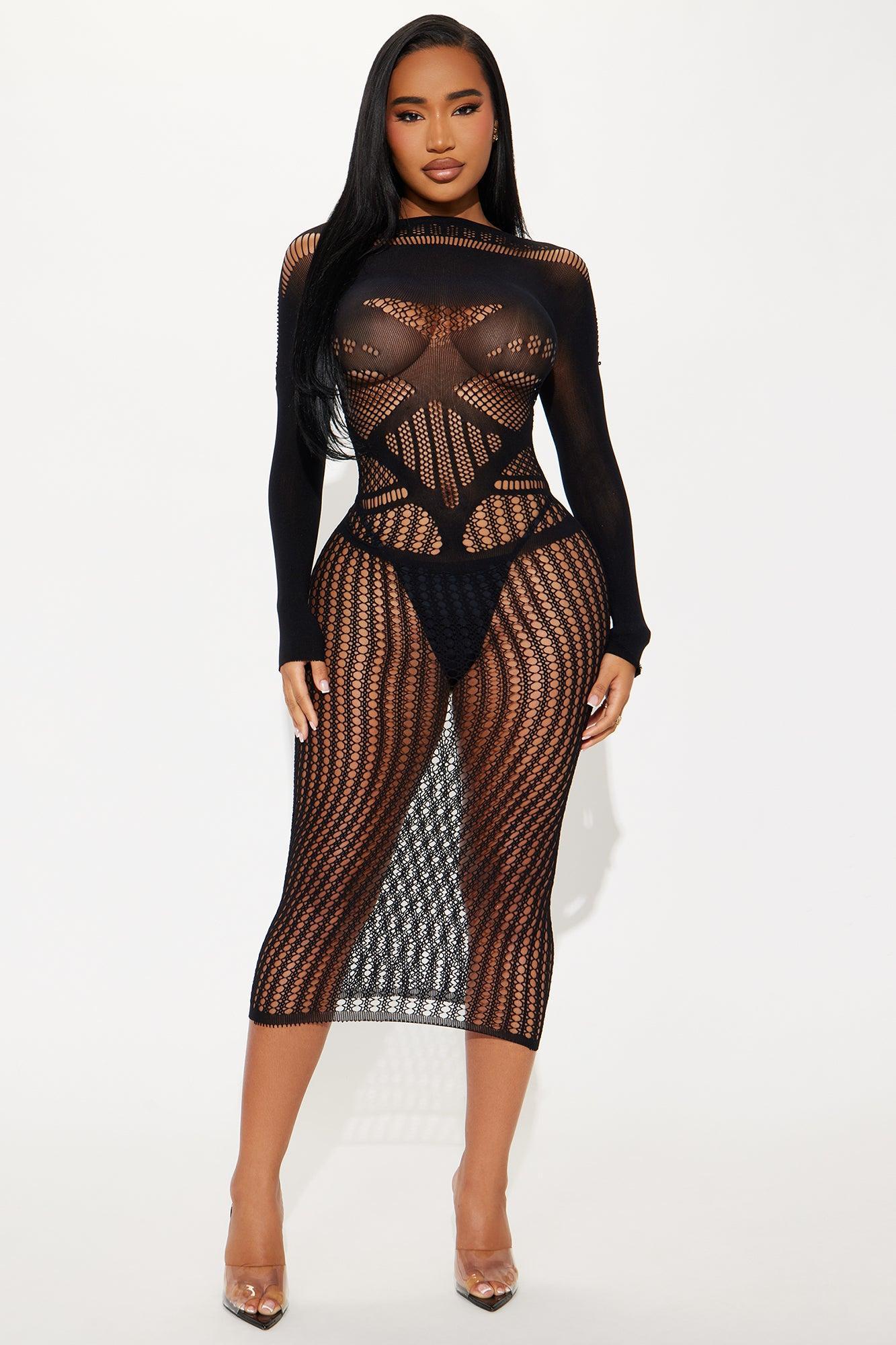 Chloe Fishnet Dress Bodystocking - Black Product Image