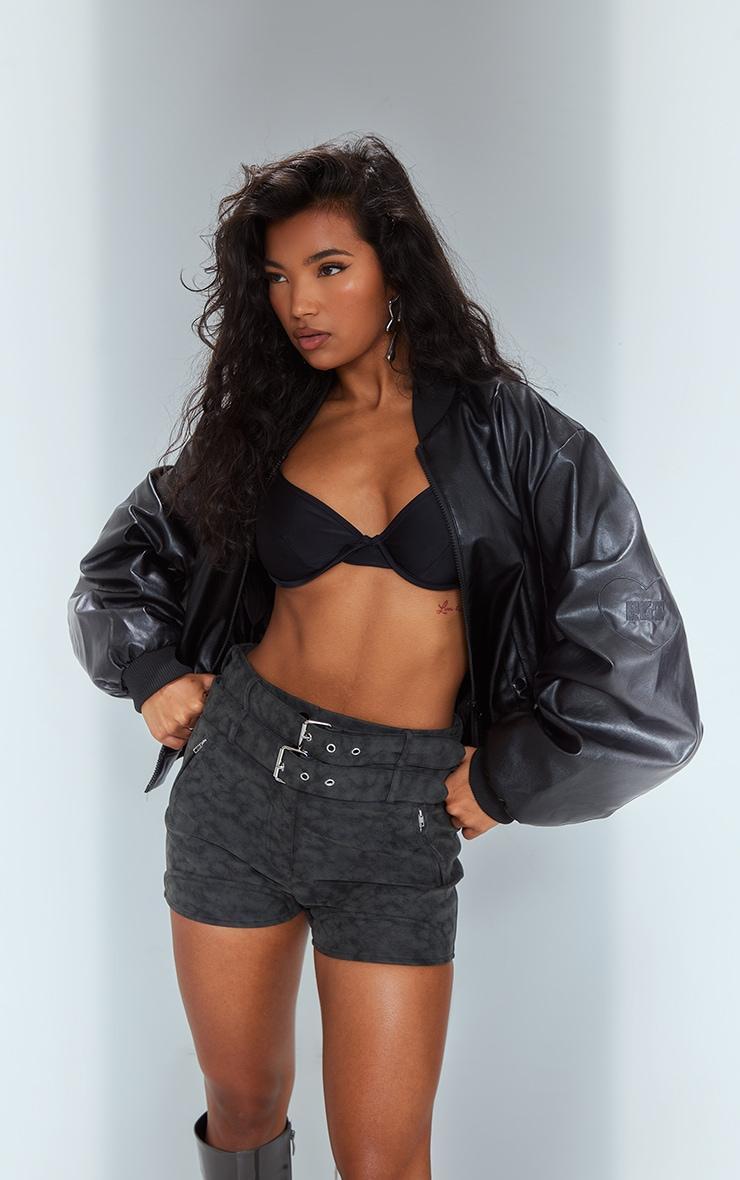 Washed Black Faux Leather Belted Shorts Product Image