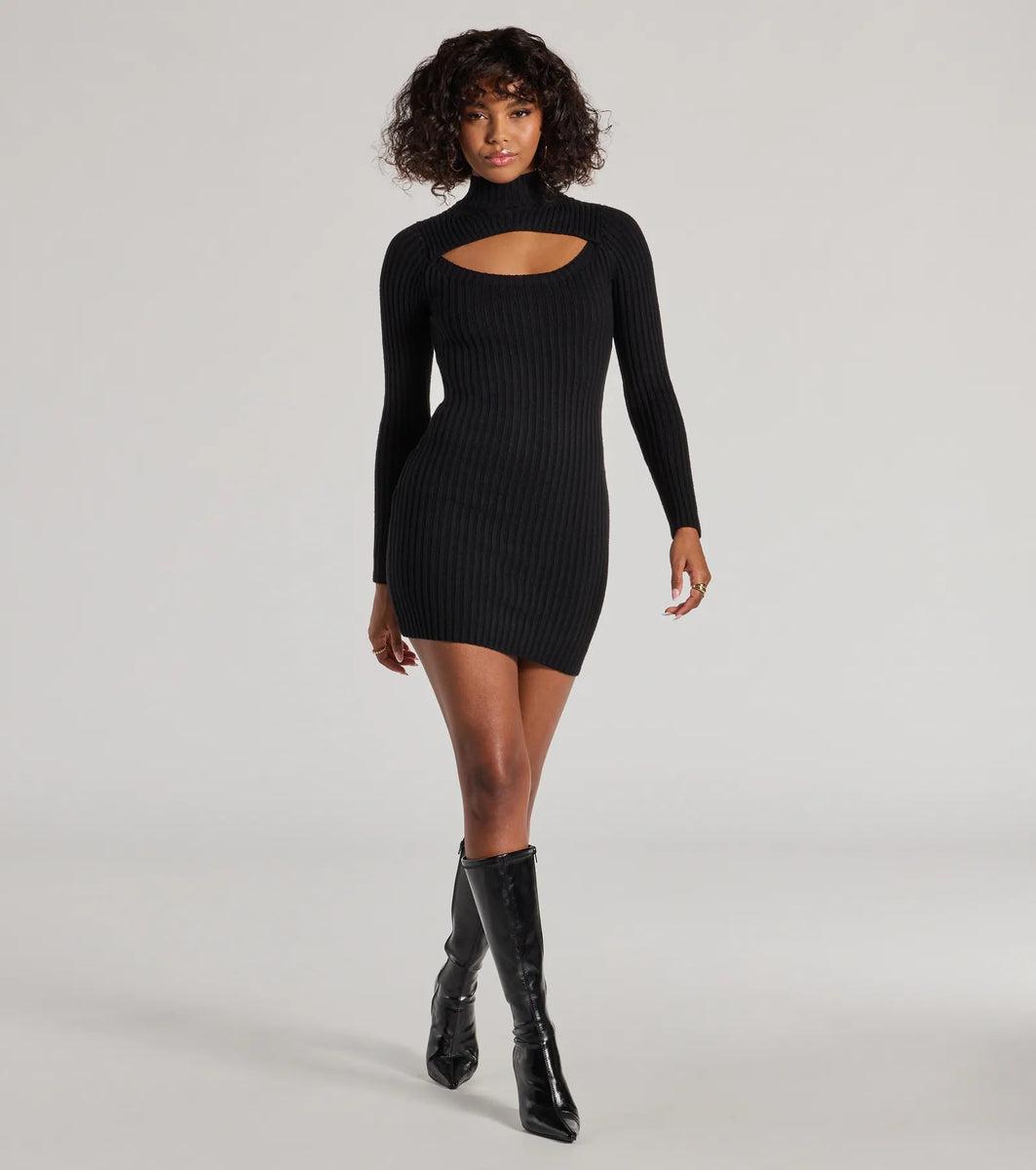 Chic Season Mock Neck Cutout Ribbed Knit Mini Dress Product Image