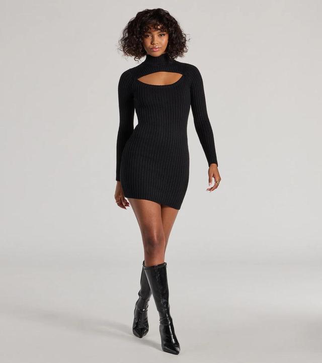 Chic Season Mock Neck Cutout Ribbed Knit Mini Dress Product Image