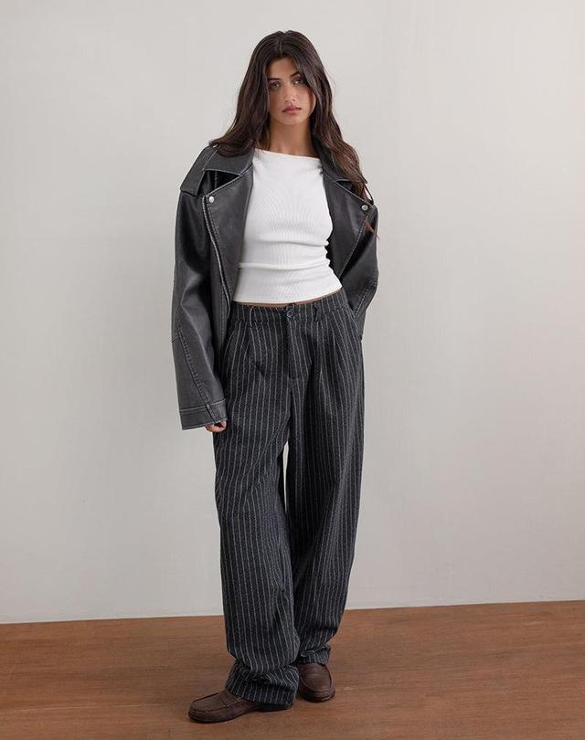 Misha Wide Leg Trouser in Pinstripe Black  Product Image