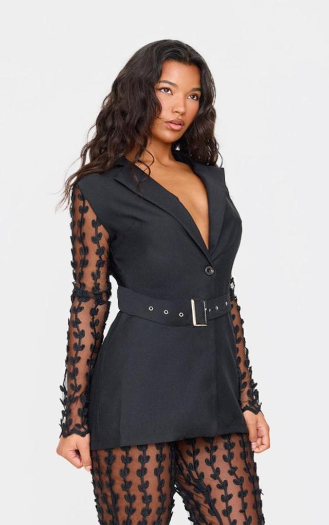 Black Woven Lace Sleeve Belt Blazer Product Image