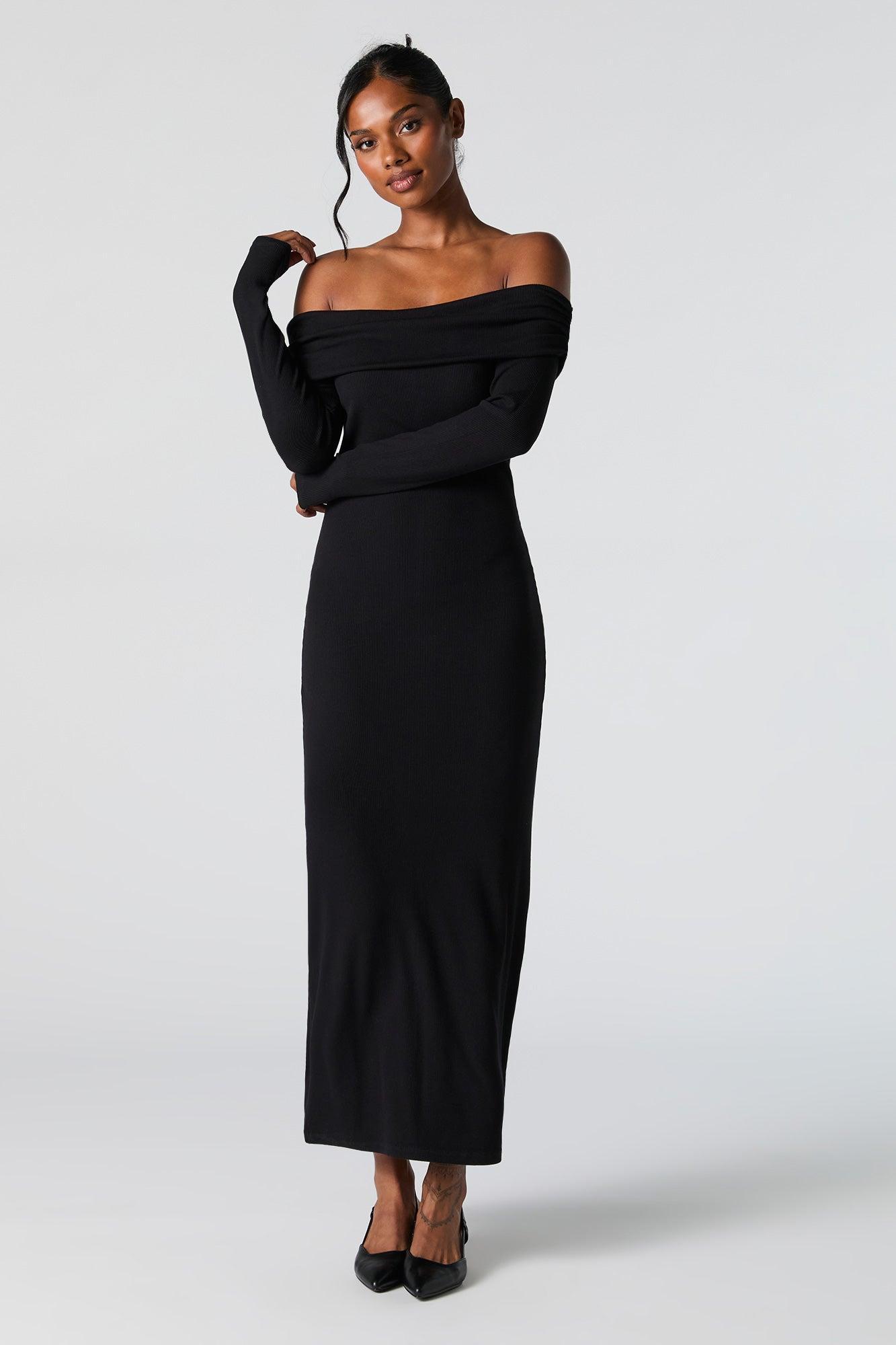 Ribbed Off Shoulder Long Sleeve Maxi Dress Female Product Image