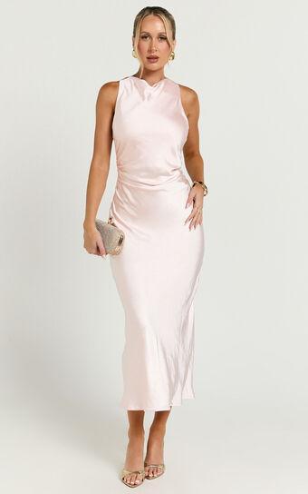 Aluna Midi Dress - High Neck Cross Back Satin Slip Dress in Soft Pink Product Image