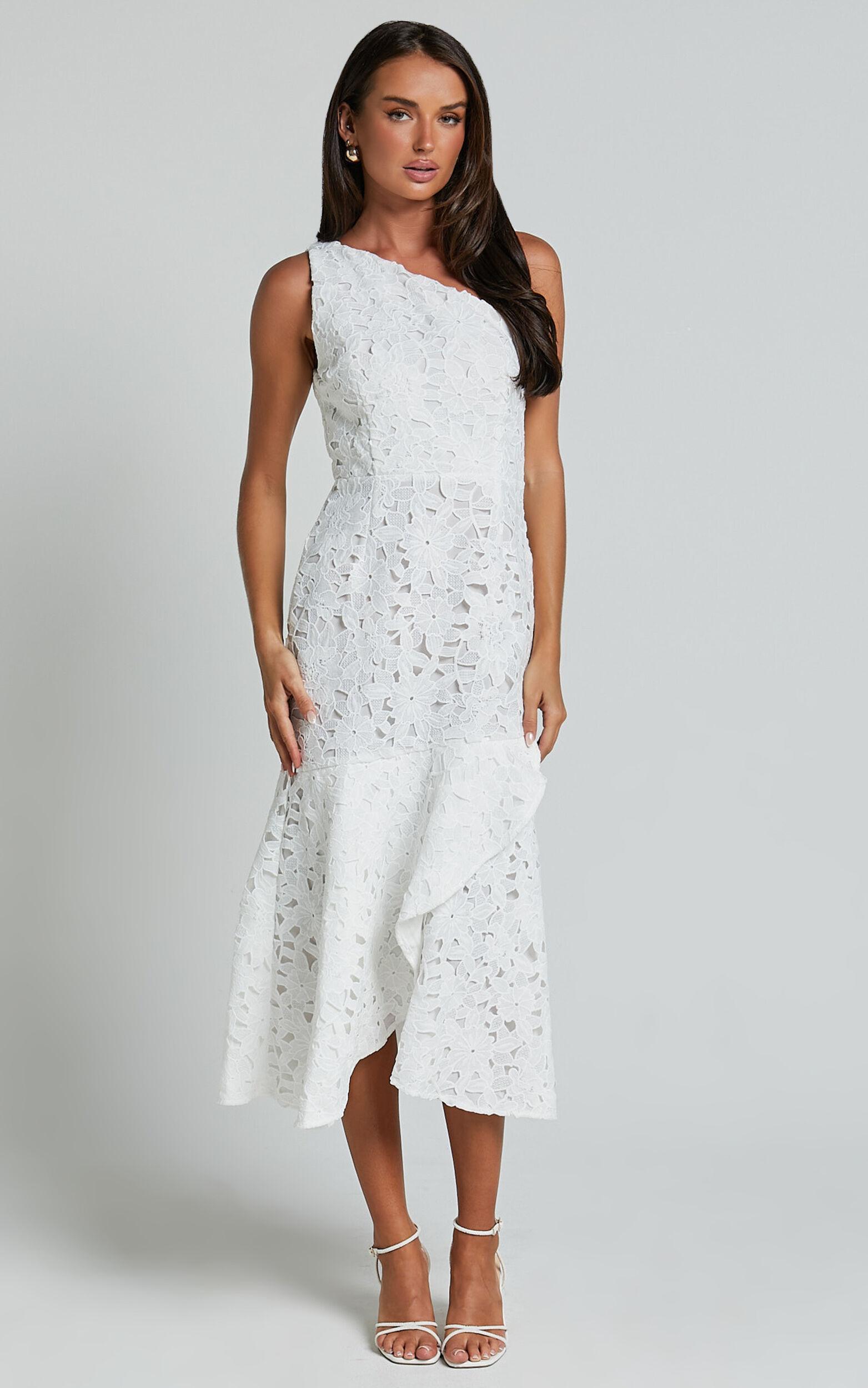 Beth Midi Dress - One Shoulder Ruffle Hem Lace Dress in White Product Image