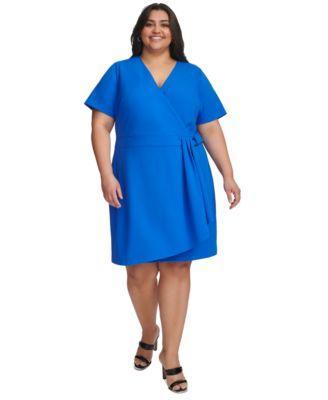 Plus Size V-Neck Short-Sleeve Scuba-Crepe A-Line Dress Product Image