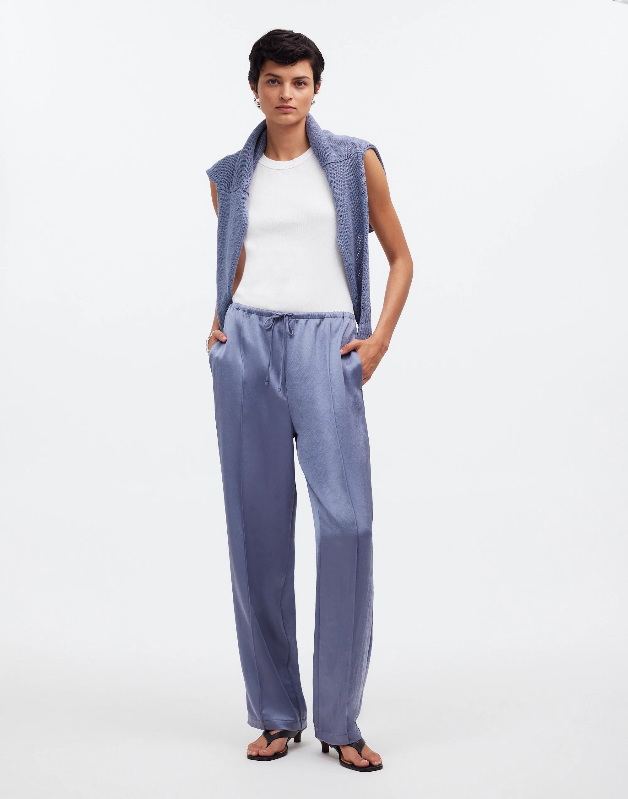 Pintucked Slim Pull-On Pants in Satin Product Image