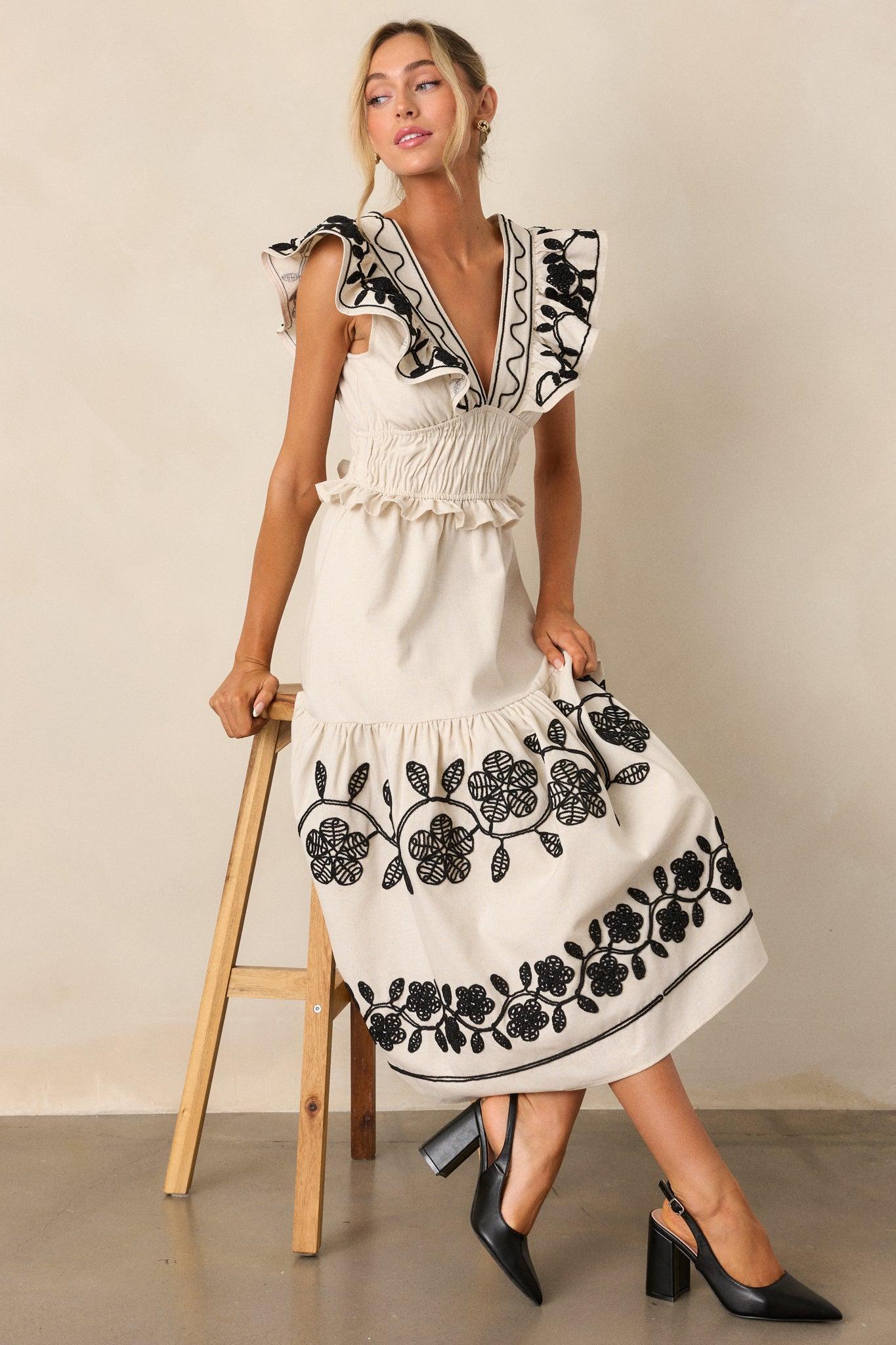 Whispering Pines Beige Flutter Sleeve Midi Dress Product Image