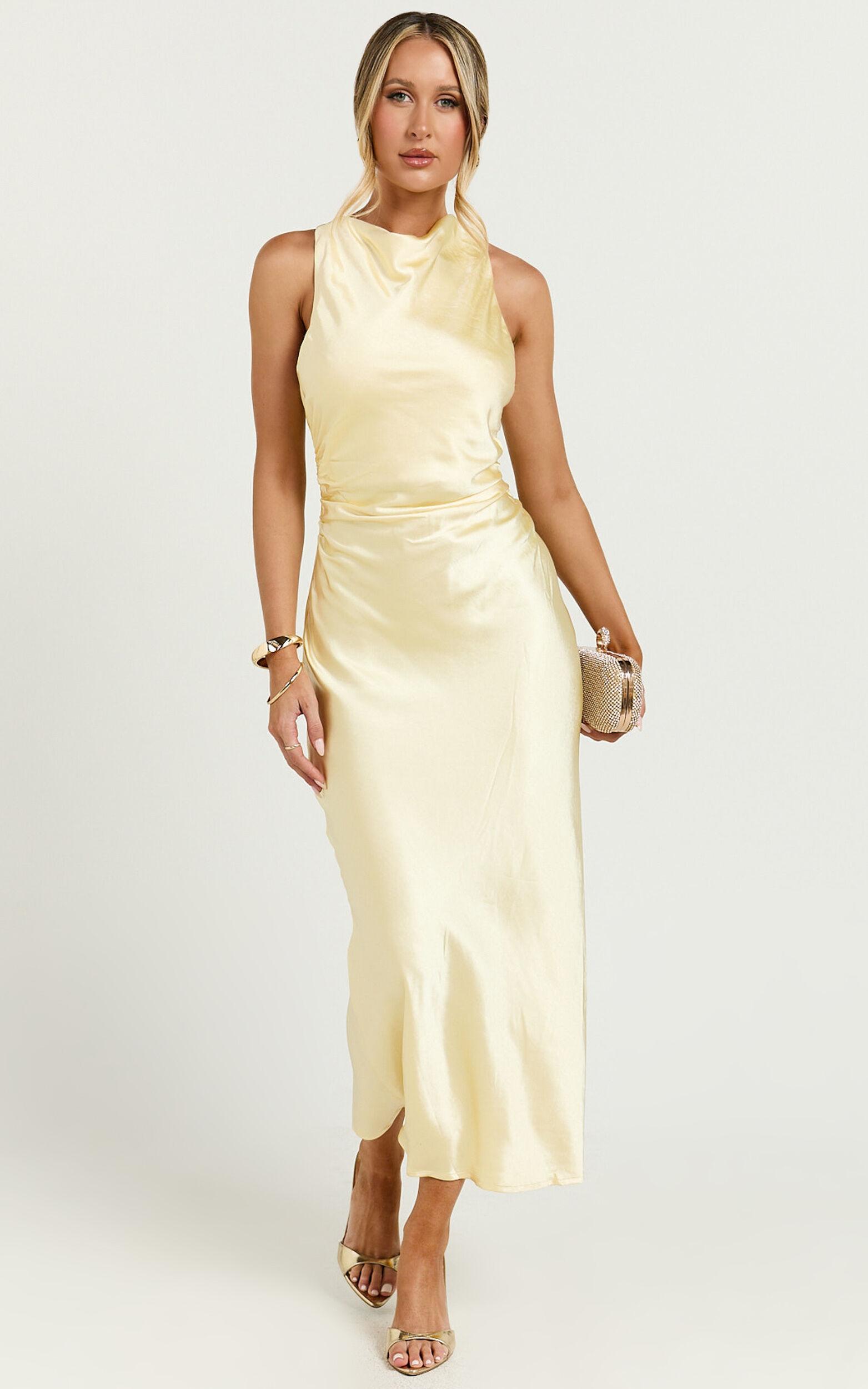 Aluna Midi Dress - High Neck Cross Back Satin Slip Dress in Lemon Product Image