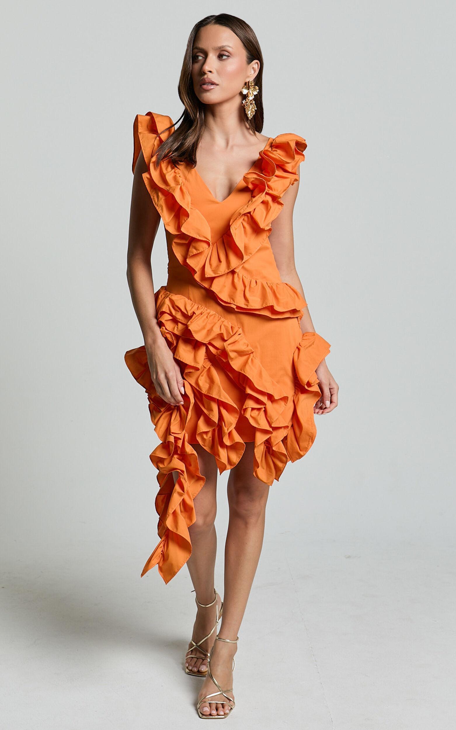 Amalie The Label - Lilou Ruffle Detail Cut Out Mini Dress in Orange Product Image