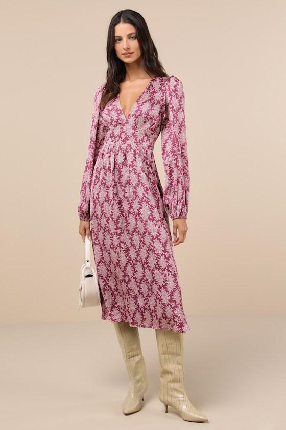 Graceful Impression Purple and Pink Floral Print Midi Dress Product Image