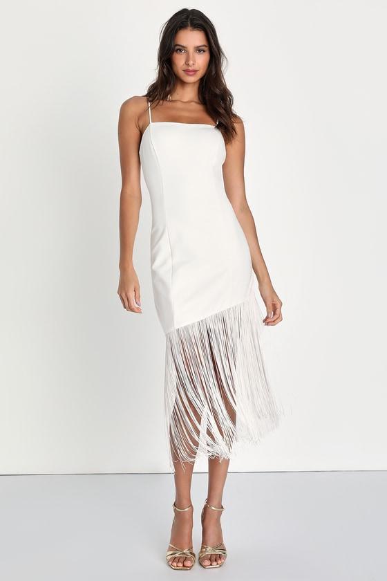 Famous Love White Sleeveless Fringe Bodycon Midi Dress Product Image