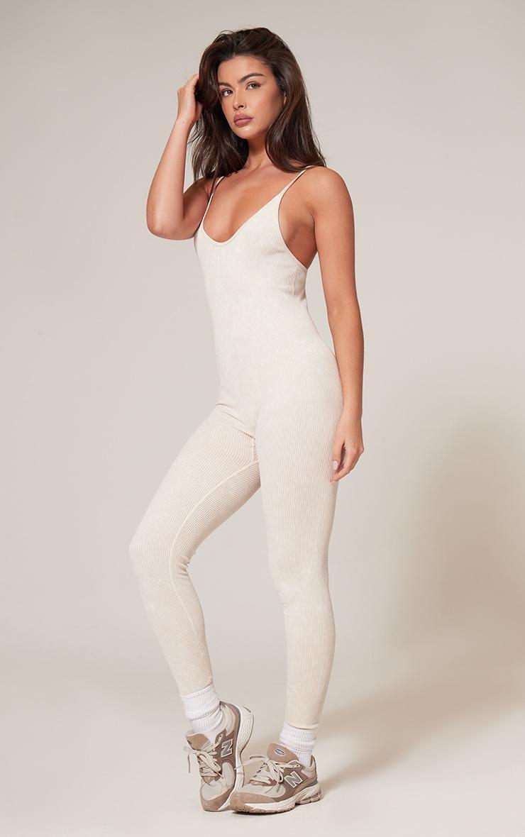 Cream Faded Contour Rib Strappy Scoop Back Jumpsuit Product Image