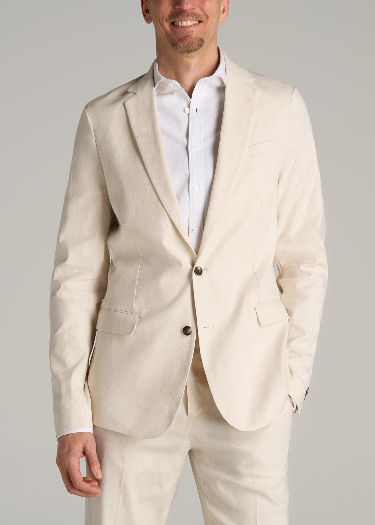 Stretch Linen Blazer for Tall Men in Light Beige Linen Product Image