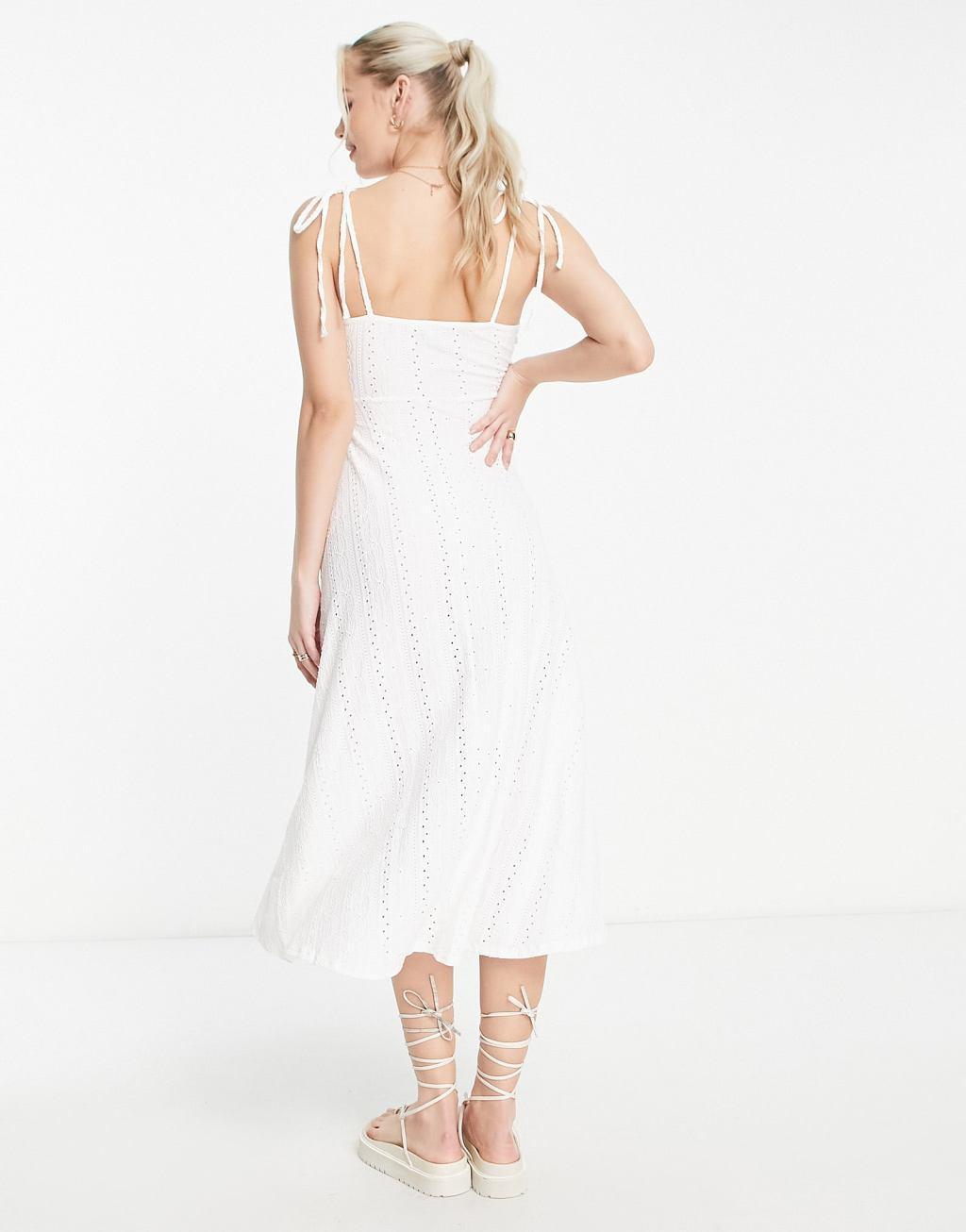 ASOS DESIGN Tall broderie strappy midi tea dress with hook and eye detail Product Image