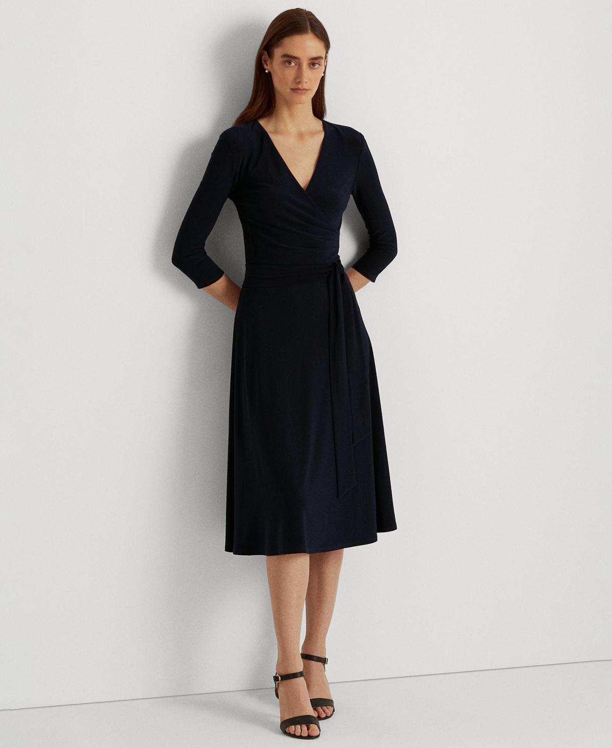 Lauren Ralph Lauren Carlyna Wrap Front V-Neck 34 Sleeve Jersey Machine Washable Midi Dress Product Image