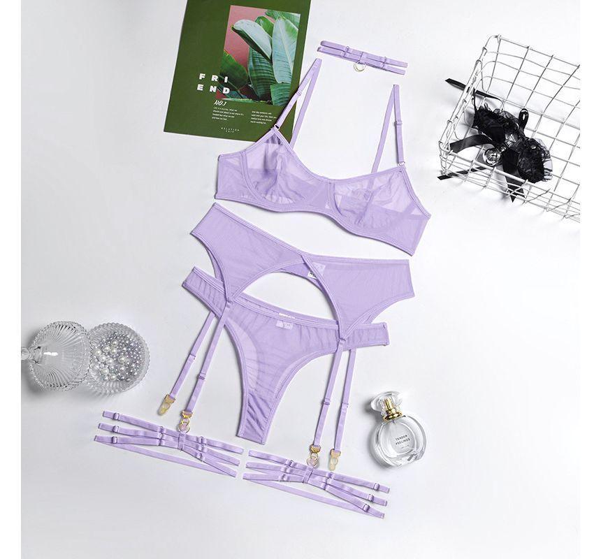 Lingerie Set: Plain Sheer Bralette + Thongs + Garter + Choker Product Image