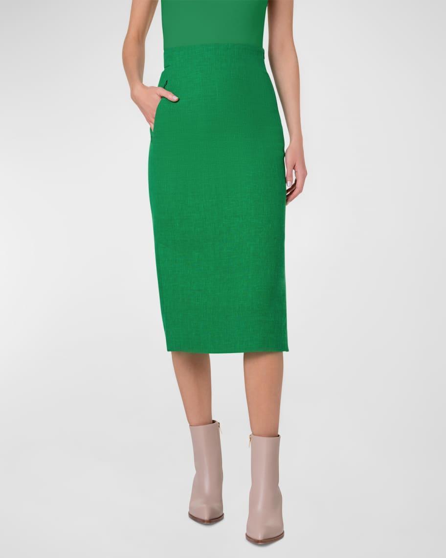 High-Waist Linen-Wool Side Slits Midi Pencil Skirt Product Image